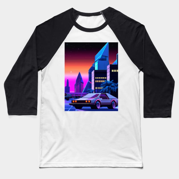 Retrofuturistic cyberpunk  car in synthwave city Baseball T-Shirt by SJG-digital